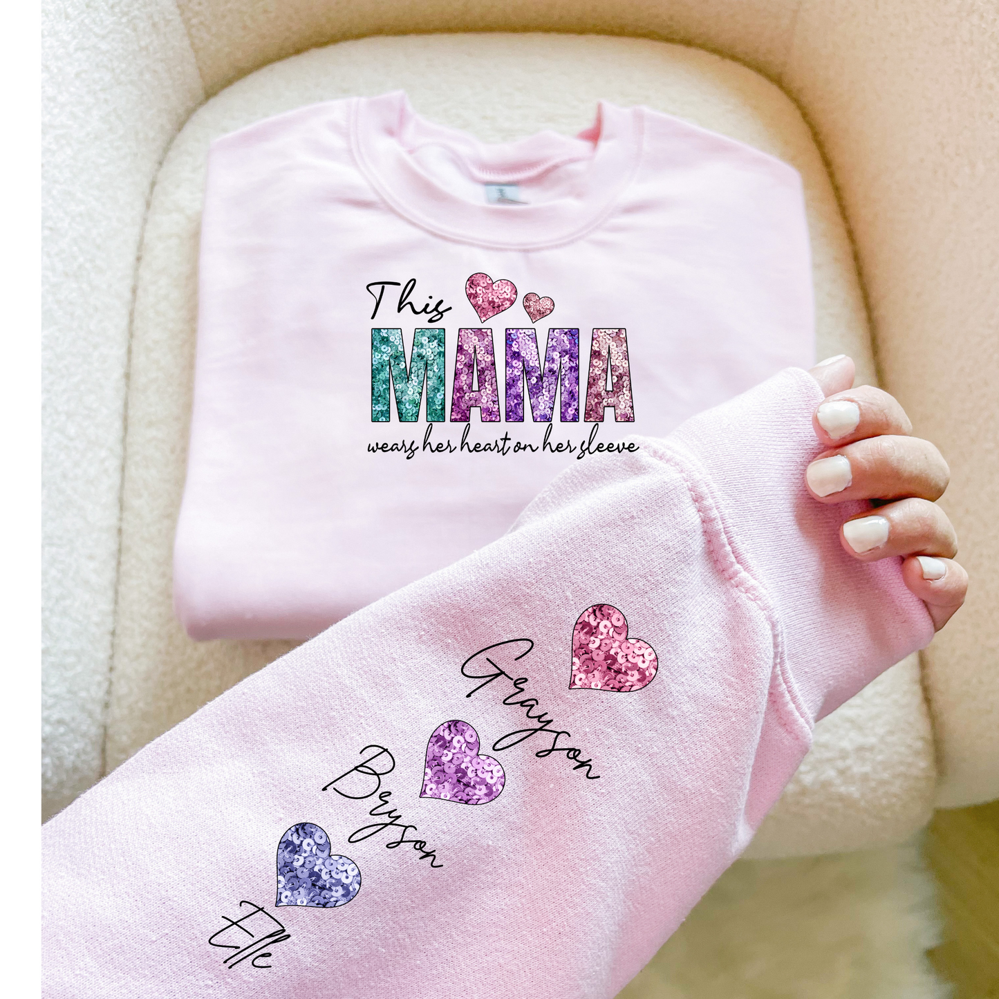 Faux Sequin This Mama Wears Her Heart On Her Sleeve Sweatshirt