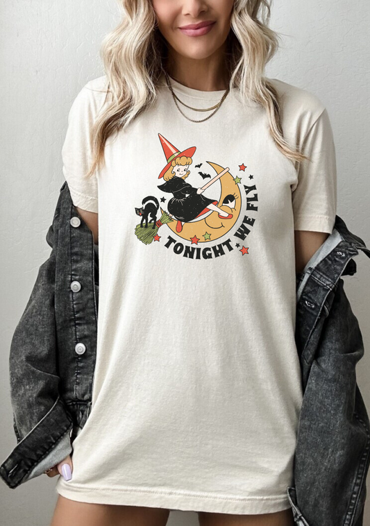 Vintage retro Halloween shirt with witch design and "Tonight We Fly" phrase - Embrace the spooky season with this graphic tee capturing retro vibes and autumn spirit. Oversized comfort colors shirt for a touch of nostalgia. Perfect for fall and Halloween fashion.