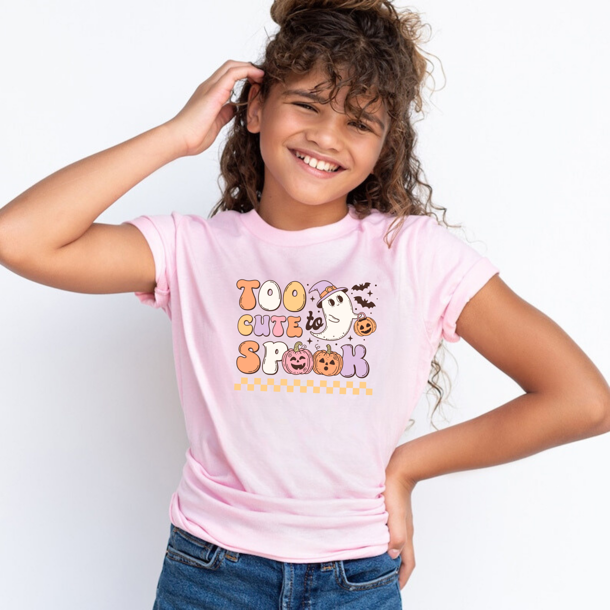  'Too Cute Too Spook' Halloween Shirt for Girls - Elevate her Halloween charm with our playful and preppy Halloween shirt, celebrating the season in adorable style. Perfect for adding a unique touch to her Halloween outfit. Shop now for the personalized kids' Halloween shirt!