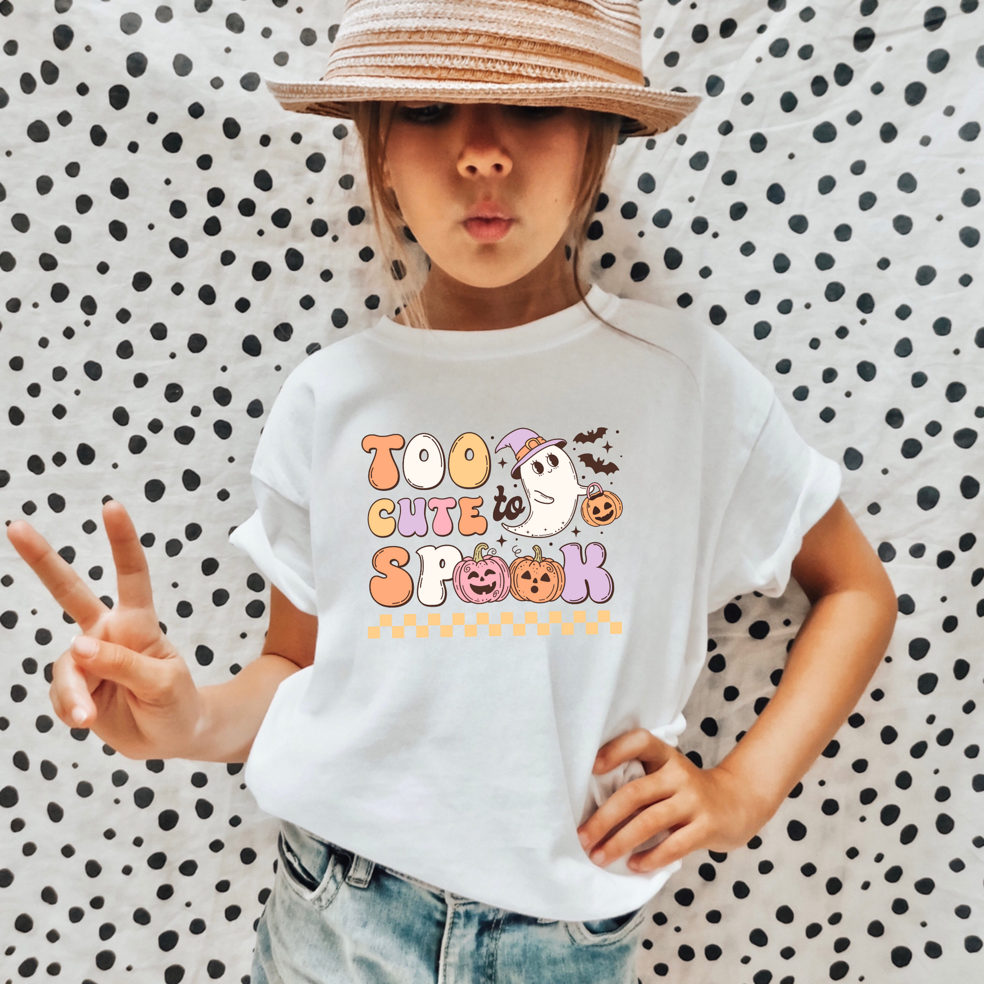  'Too Cute Too Spook' Halloween Shirt for Girls - Elevate her Halloween charm with our playful and preppy Halloween shirt, celebrating the season in adorable style. Perfect for adding a unique touch to her Halloween outfit. Shop now for the personalized kids' Halloween shirt!