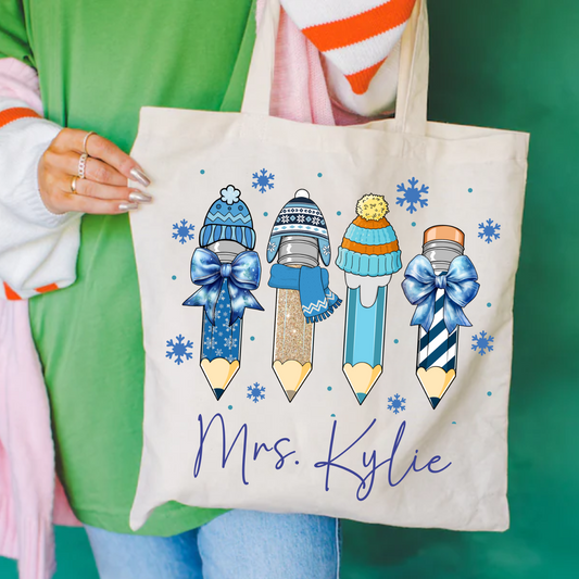 Personalized Teacher Winter Pencil Christmas Tote Bag