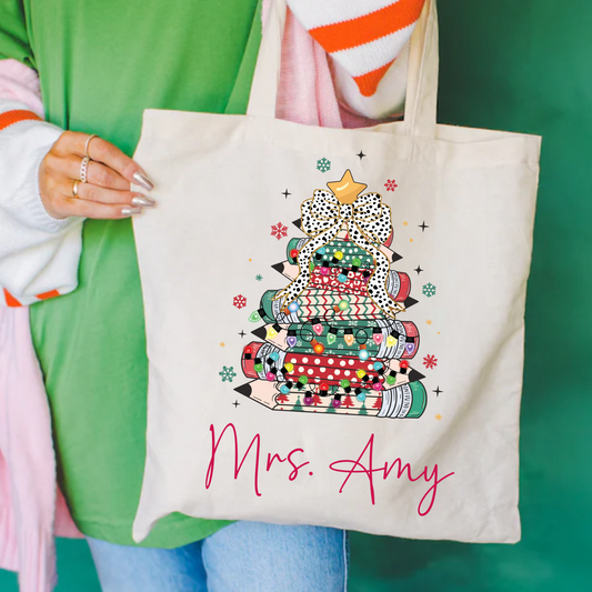 Personalized Teacher Pencil Christmas Tote Bag