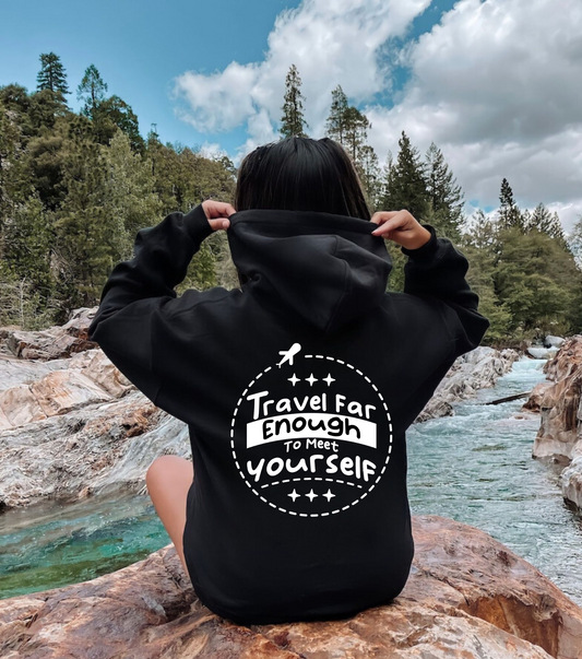 Oversized travel hoodie for women with travel aesthetic, wanderlust vibes, and high-quality materials.