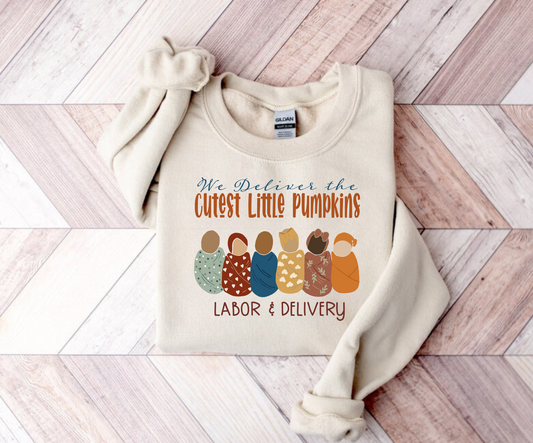 We deliver the cutest little pumpkins, labor and delivery nurse sweatshirt.