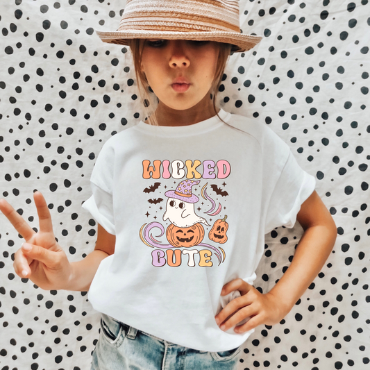 'Wicked Cute' Halloween Shirt for Girls - Elevate her Halloween charm with our playful and preppy Halloween shirt, celebrating the season in adorable style. Perfect for adding a unique touch to her Halloween outfit. Shop now for the personalized kids' Halloween shirt!