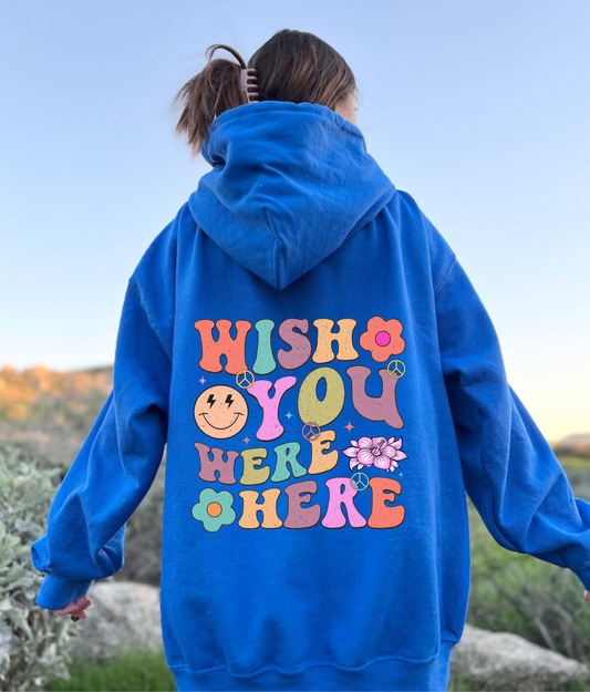 Oversized preppy hoodie with smiley face and lightning bolt design that reads 'Wish You Were Here' - Embrace the y2k aesthetic with this trendy clothing piece for the perfect blend of comfort and fashion. Shop now.