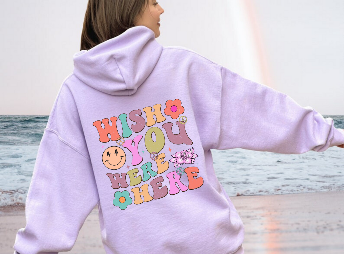 Oversized preppy hoodie with smiley face and lightning bolt design that reads 'Wish You Were Here' - Embrace the y2k aesthetic with this trendy clothing piece for the perfect blend of comfort and fashion. Shop now.