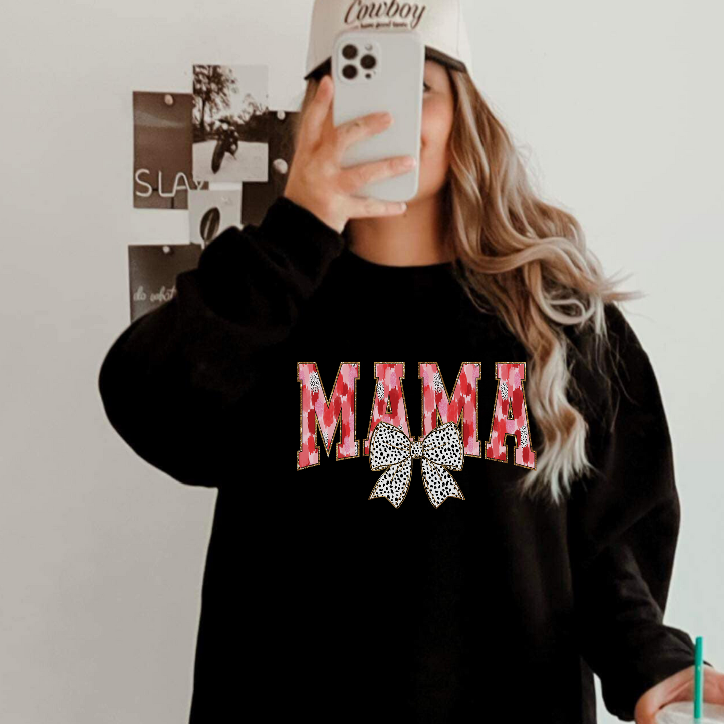 Valentine's Day Mama Brushstroke Bow Crewneck Sweatshirt