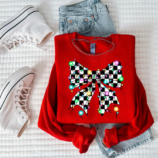 Retro Checkered Coquette Bow Christmas Crewneck Sweatshirt