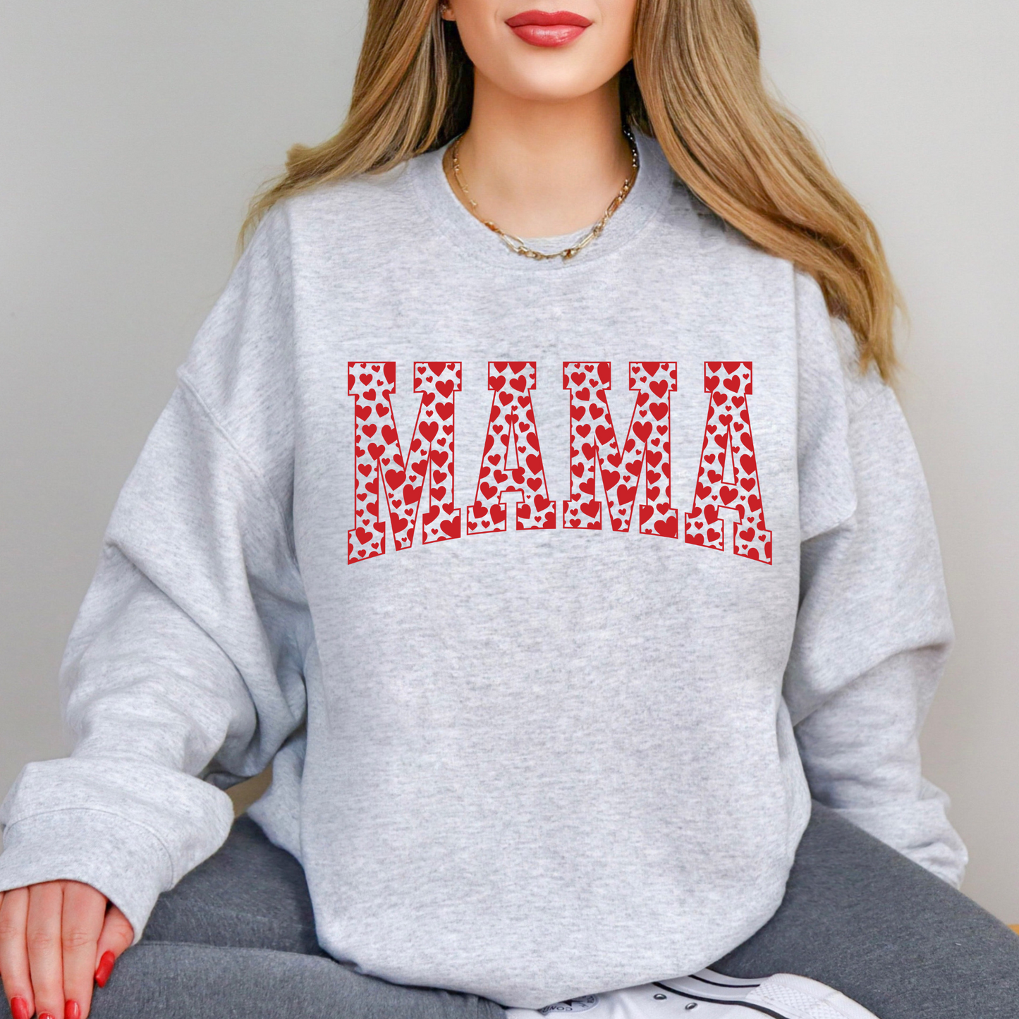 Valentine's Day Mama Red Hearts Crewneck Sweatshirt