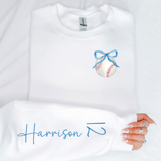 Custom Baseball Mom Bow Sweatshirt with Kids Name on Sleeve