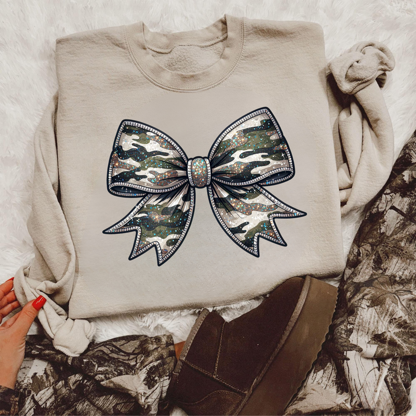 Glitter Camo Bow Crewneck Sweatshirt