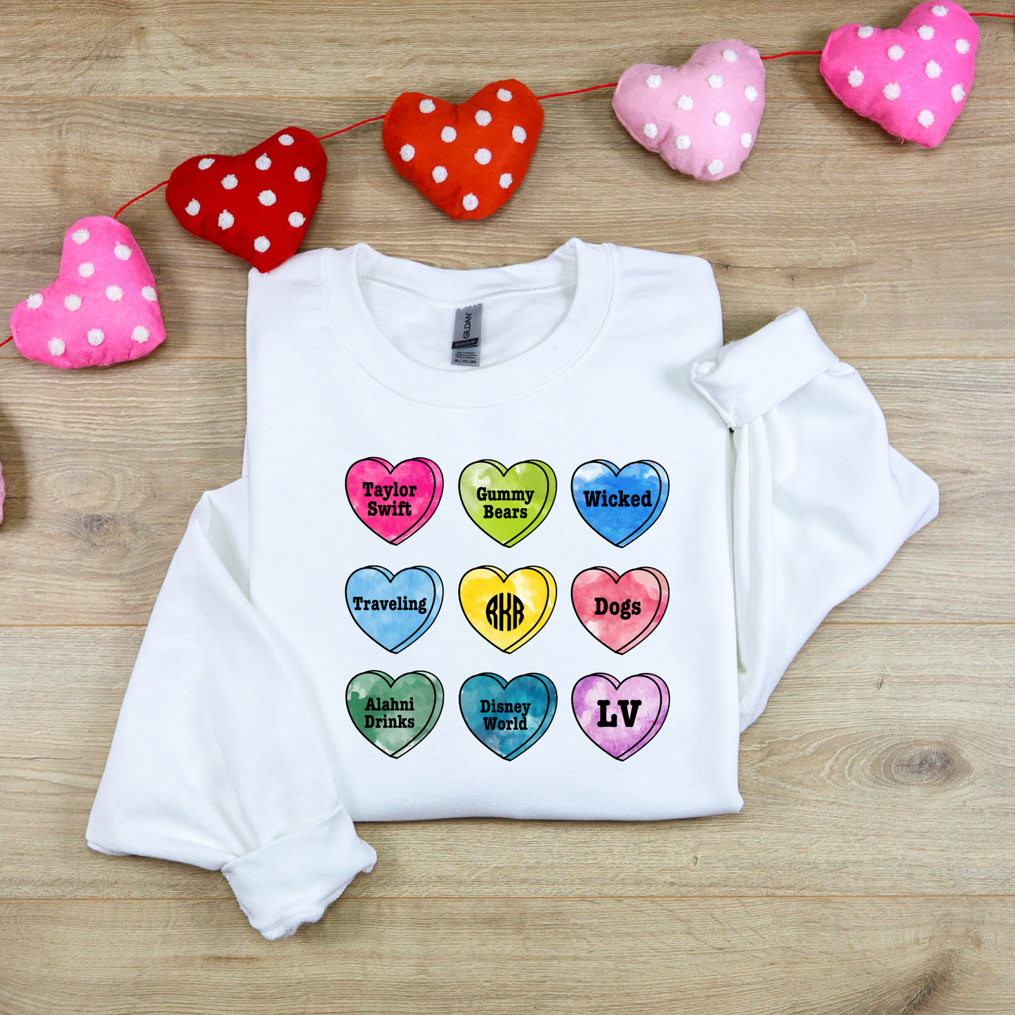 Valentine's Day Custom Candy Hearts Favorite Things Crewneck Sweatshirt