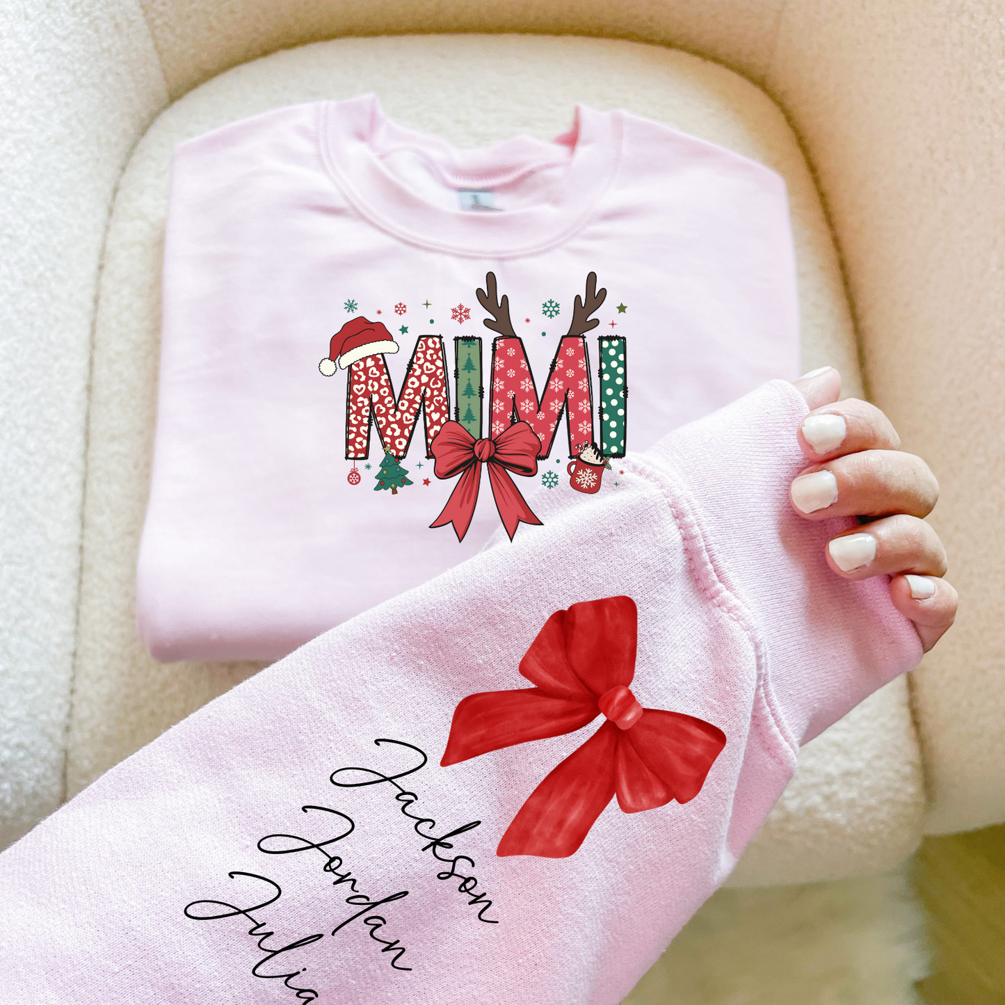 Custom Mama Christmas Sweatshirt with Kids Names on the Sleeve (Mama, Mimi, MawMaw, Grammy, Gigi, Nanny, Grandma, Nana, Granny)