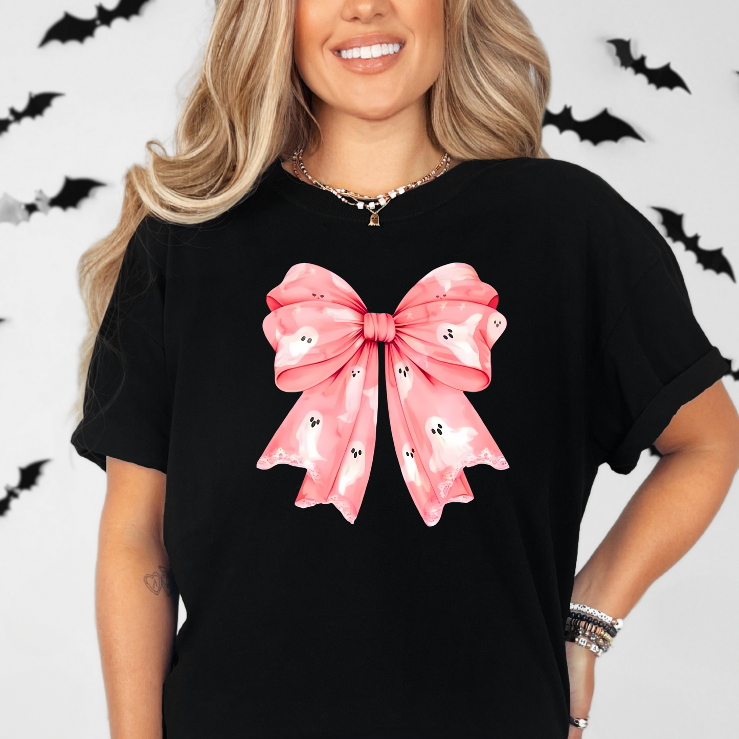 Pink Ghost Halloween Bow Shirt | Comfort Colors