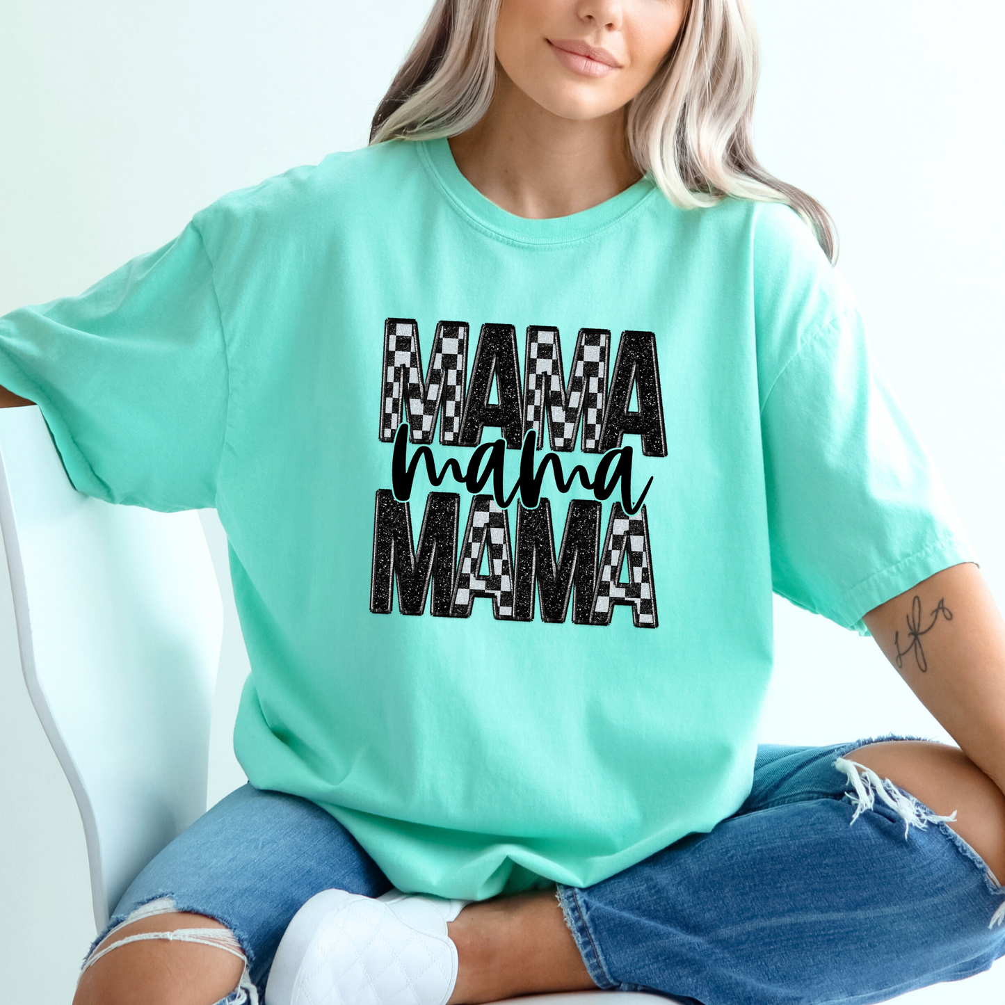 Mama Checkered Faux Embroidery Comfort Colors Shirt