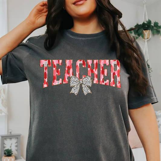 Valentine's Day Teacher Shirt with Brushstroke Bow