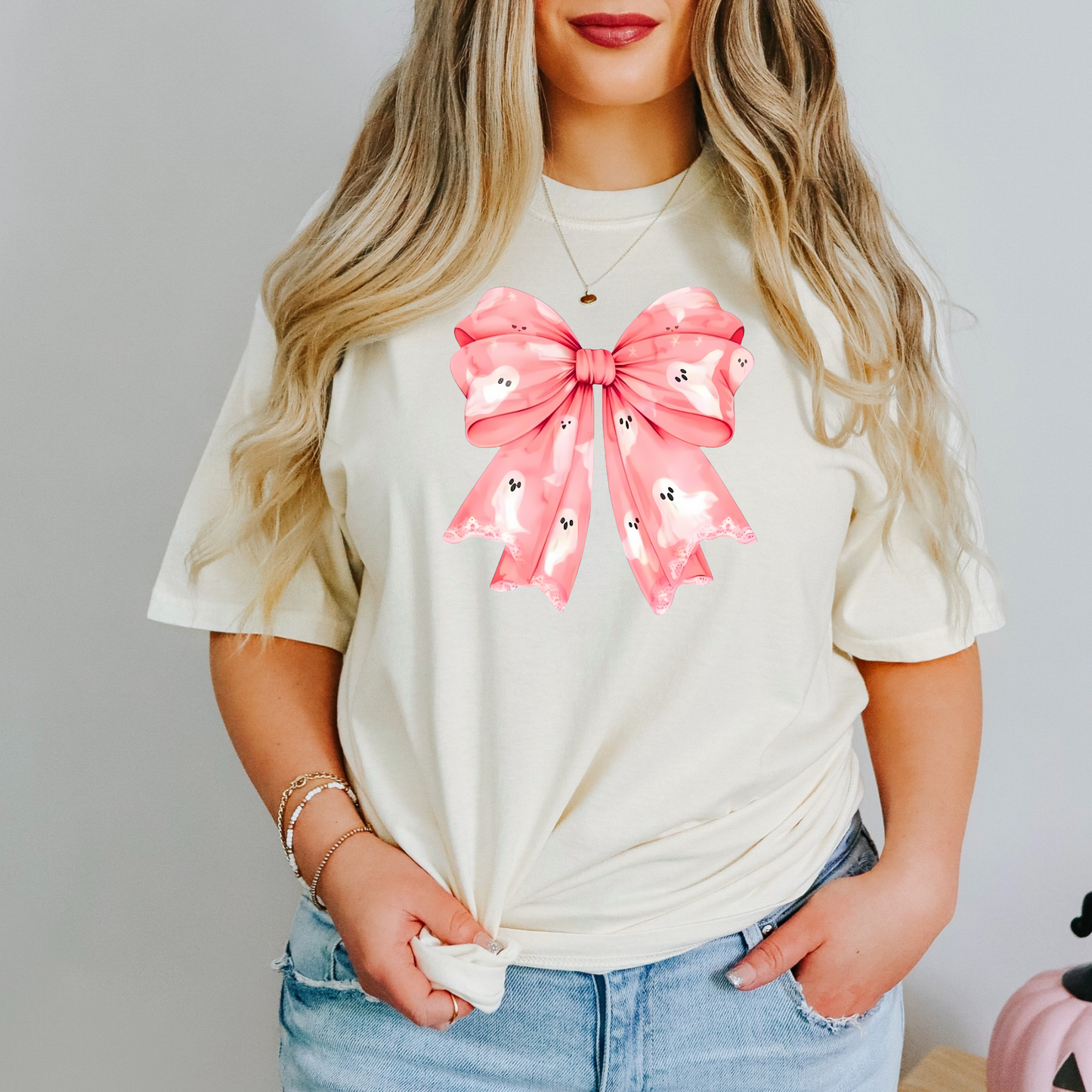 Pink Ghost Halloween Bow Shirt | Comfort Colors