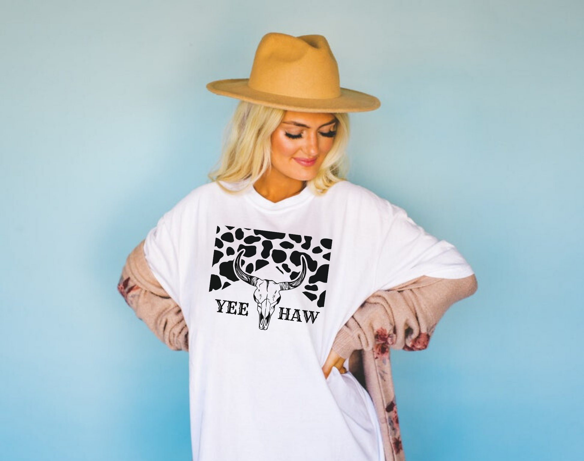 Western Cowgirl Shirt - Yee Haw Boho Cow Skull - Perfect for Summer, Spring, Festivals, and Coastal Cowgirls