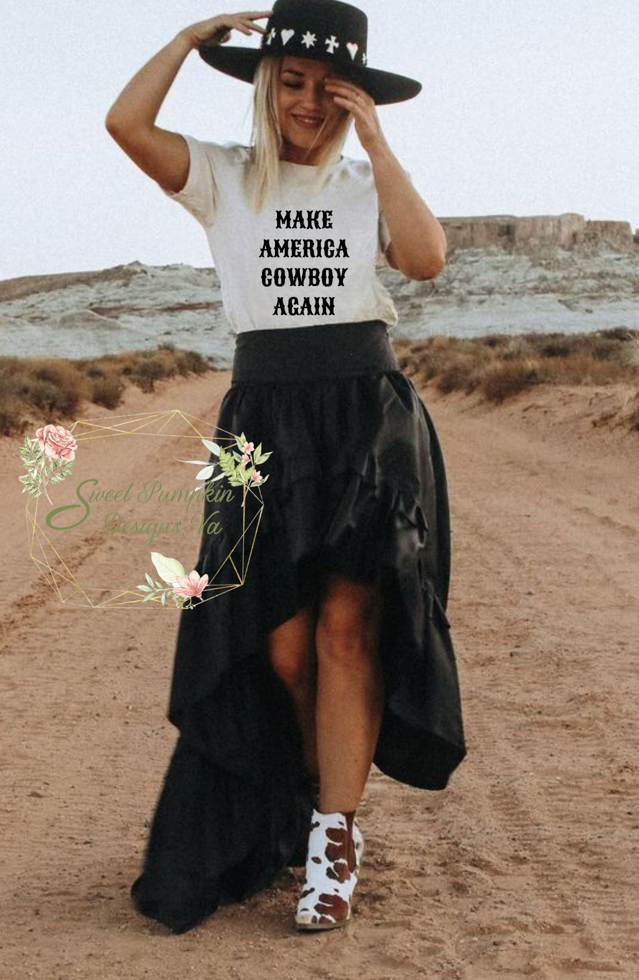 An image of a white t-shirt with the phrase 'Honky Tonk Babe' printed in bold black letters.  The t-shirt is perfect for country music festivals and has a western aesthetic that appeals to coastal cowgirls.