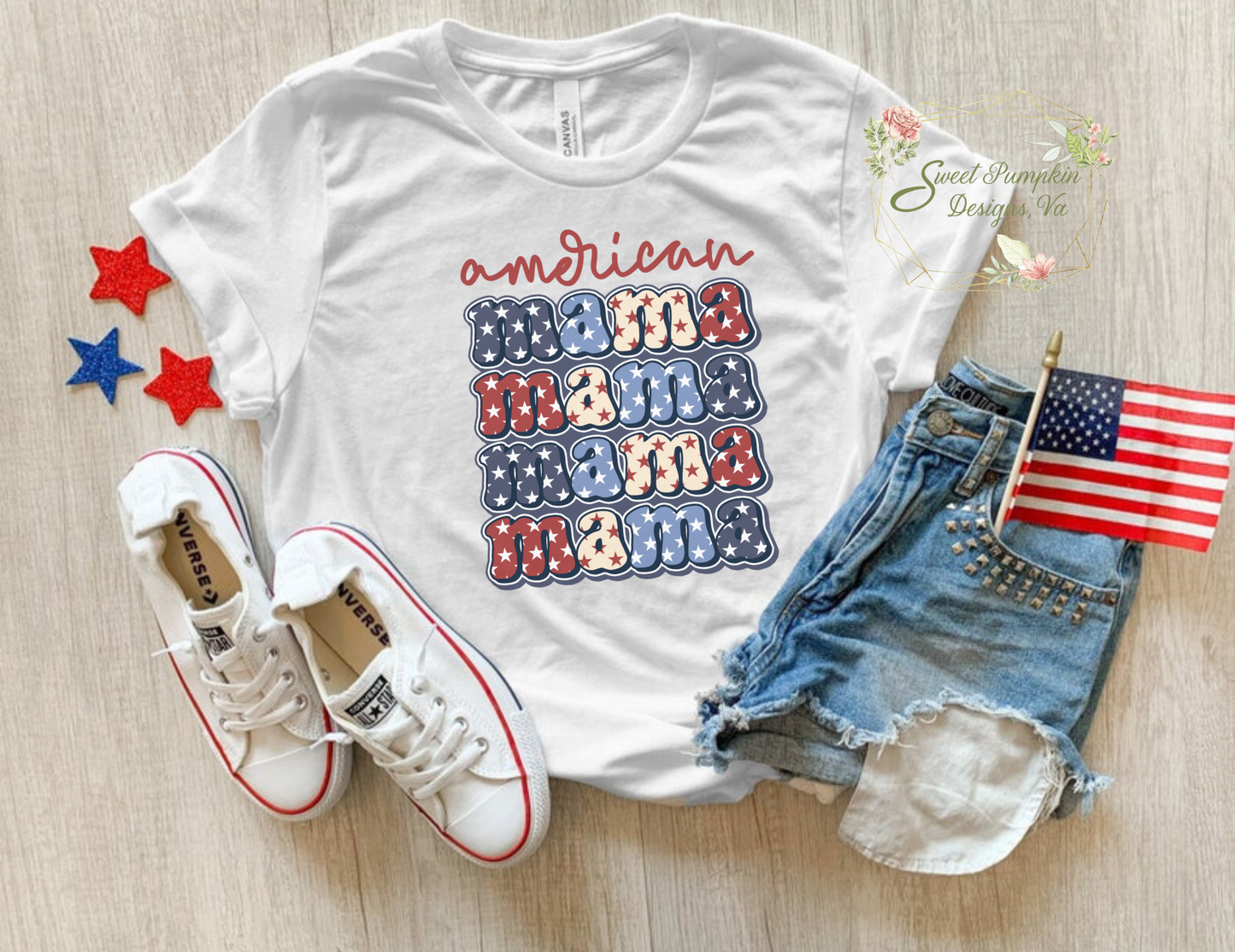  Retro Patriotic "American Mama" T-Shirt - Perfect for Summer, Memorial Day or 4th of July