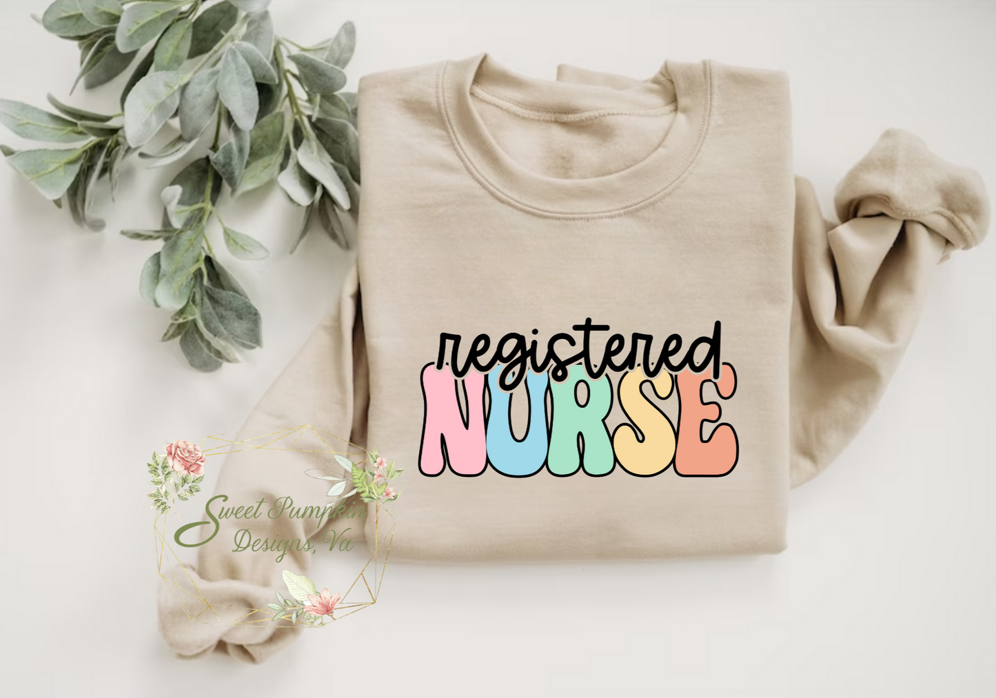 Retro Rainbow Registered Nurse Crewneck Sweatshirt - Cute and cozy nurse apparel with a vintage-inspired font in rainbow colors